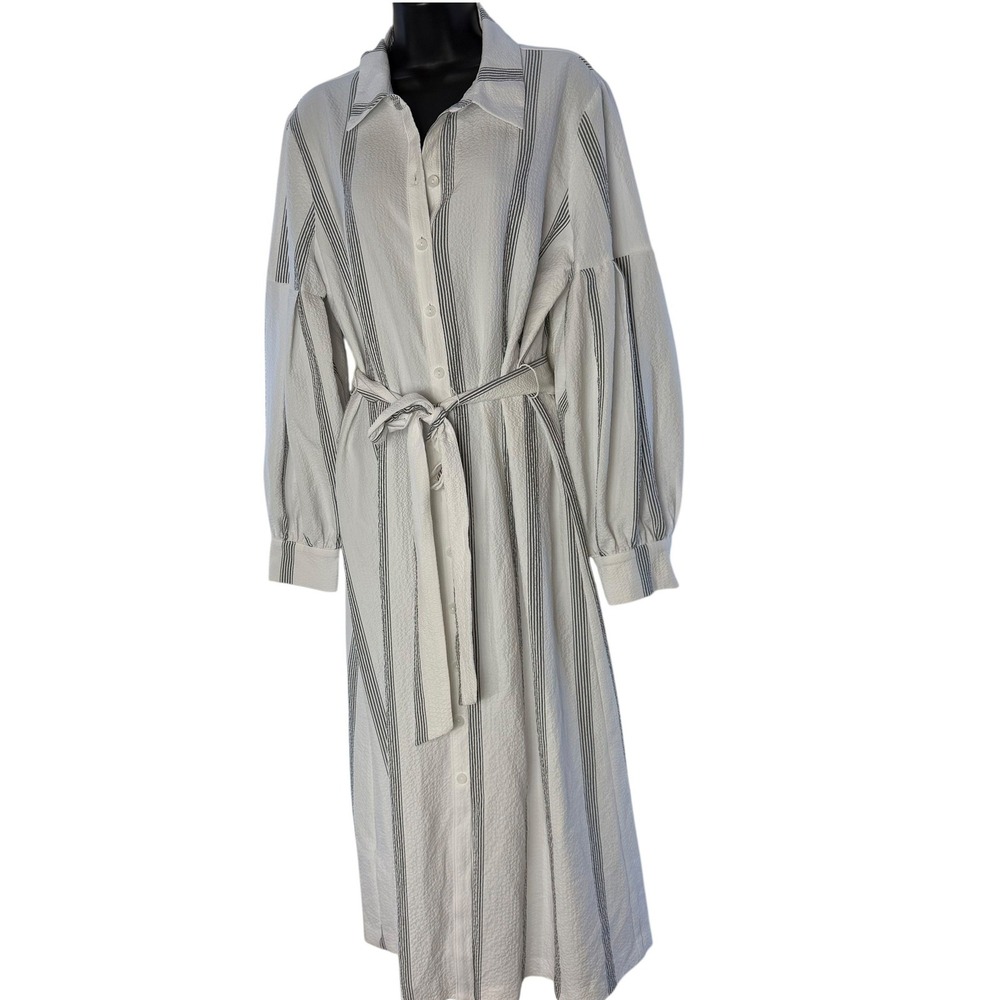 Calvin Klein Womens Striped Midi Shirt Dress White Grey Puff Sleeve Size 12